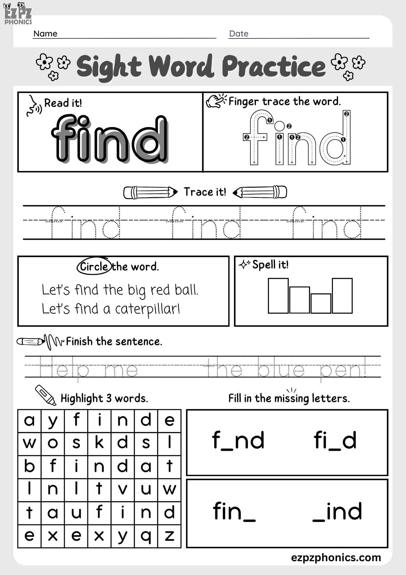 The Word "Find" Dolch Sight Word Worksheet Activity for Pre